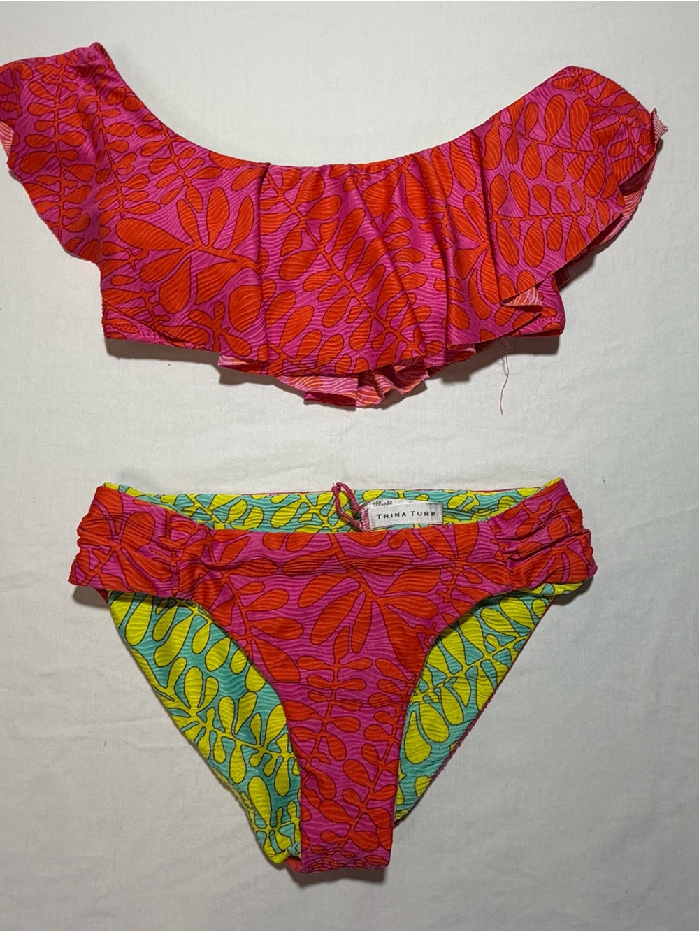 Trina Turk Pink, Red & Yellow-Green Ruffle Off-Shoulder Bikini Set